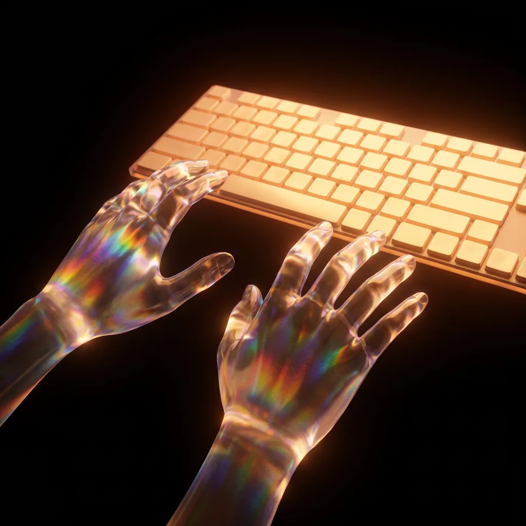 Translucent hands of light reaching toward a glowing keyboard