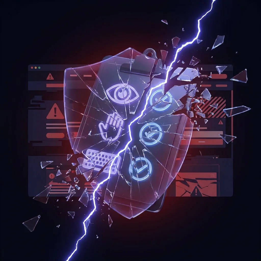 Translucent overlay widget shattering into fragments revealing broken website beneath