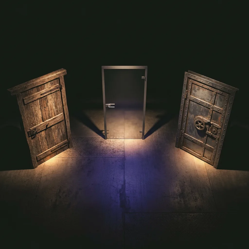 Three different doors representing CMS platform choices floating in darkness