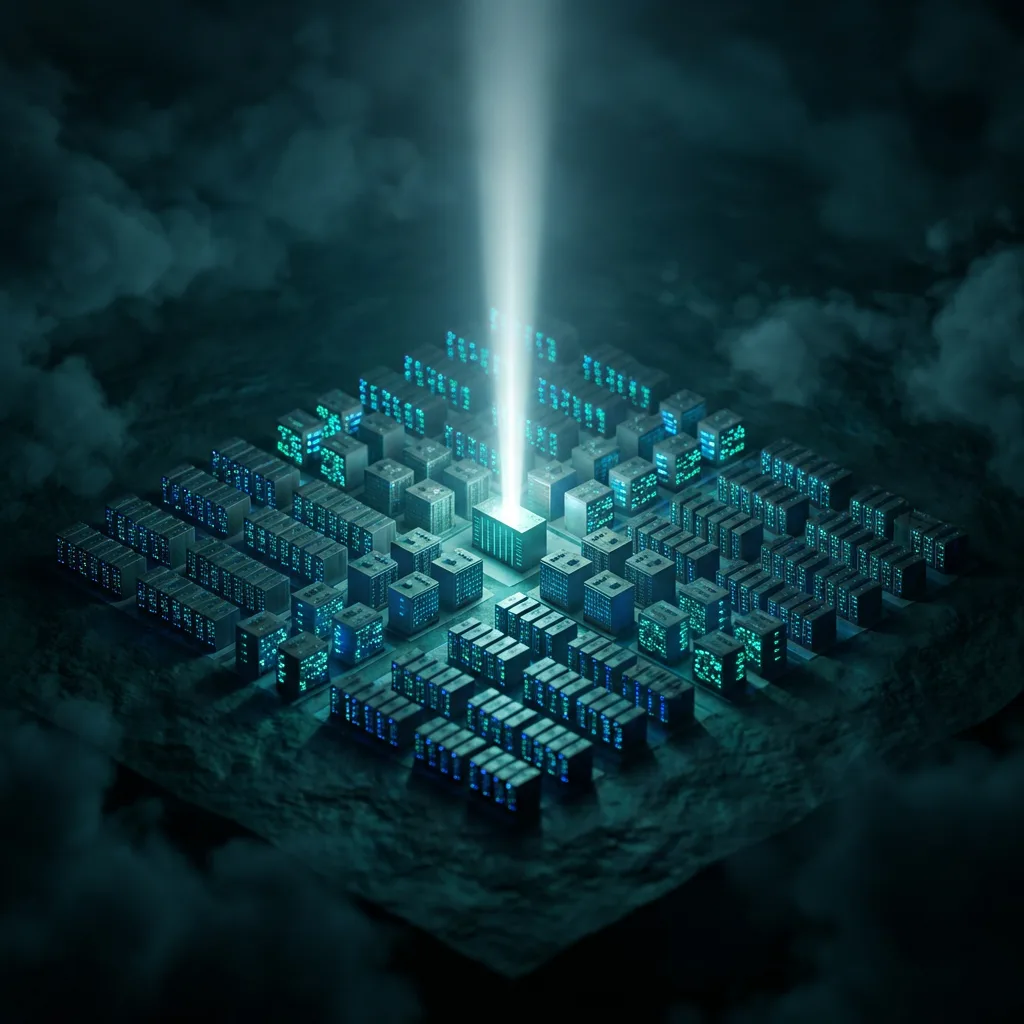 Miniature glowing server city with one building beaming light upward