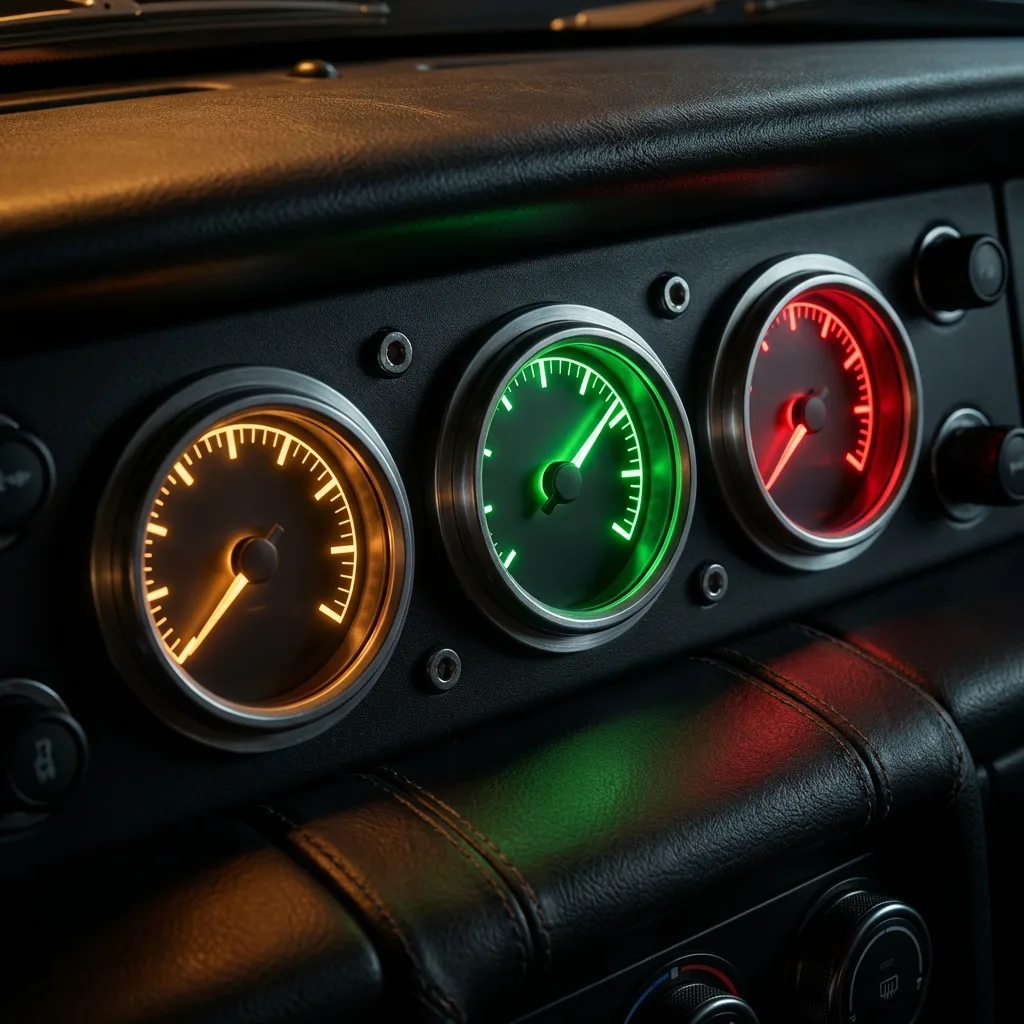 Three analog performance gauges on a dark dashboard glowing green amber and red