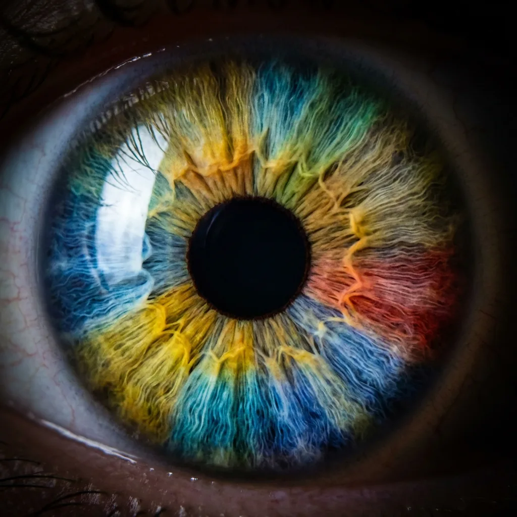 Close-up eye iris rendered as a colour spectrum with selective desaturation