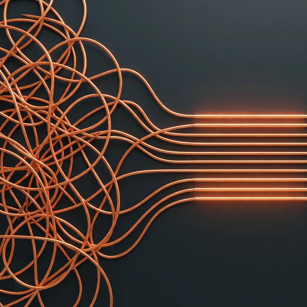 Tangled copper cables untangling into organised parallel paths