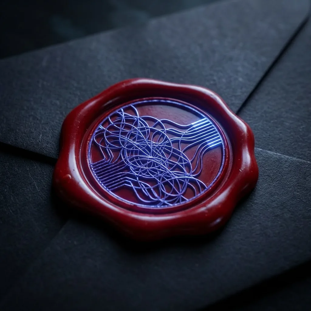 Red wax seal with glowing indigo digital circuit patterns