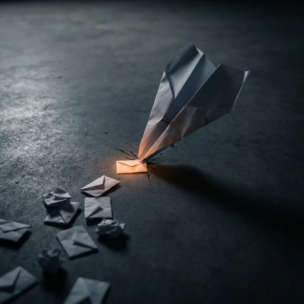 Paper airplane crash-landed with scattered envelopes and one glowing amber message