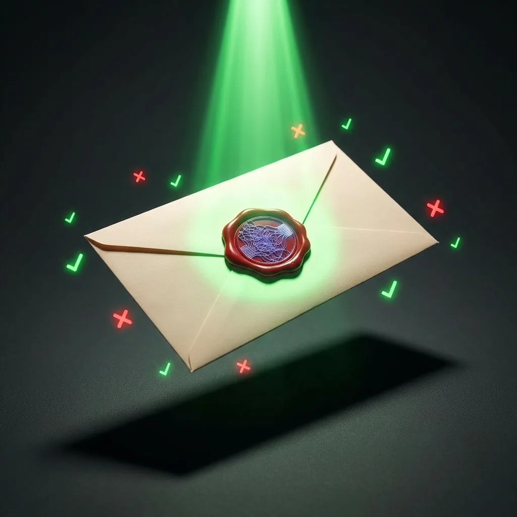 Letter envelope being scanned by a green verification light beam