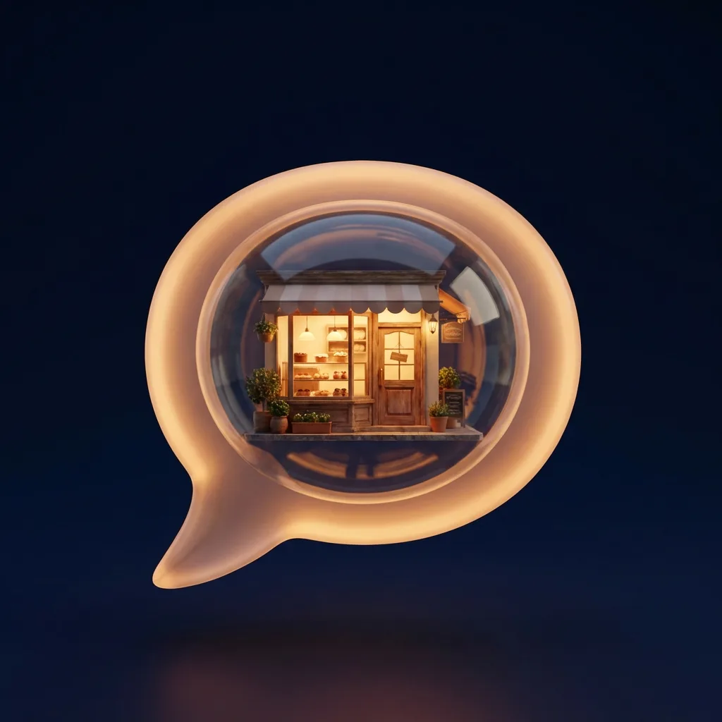 Business storefront miniature glowing inside a chat bubble