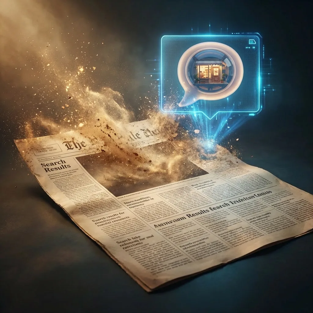 Newspaper dissolving into particles as holographic AI summary materialises above
