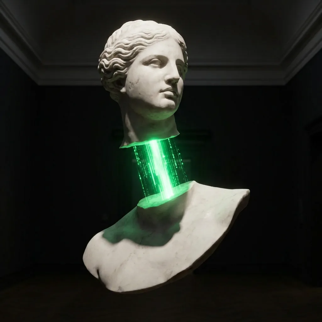 Classical sculpture bust separated from body with glowing API bridge between