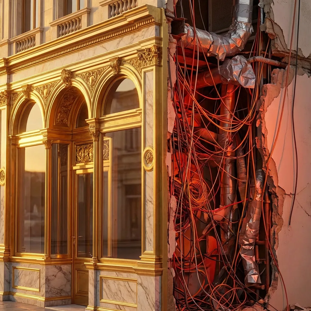 Beautiful building facade revealing chaotic wiring behind the surface