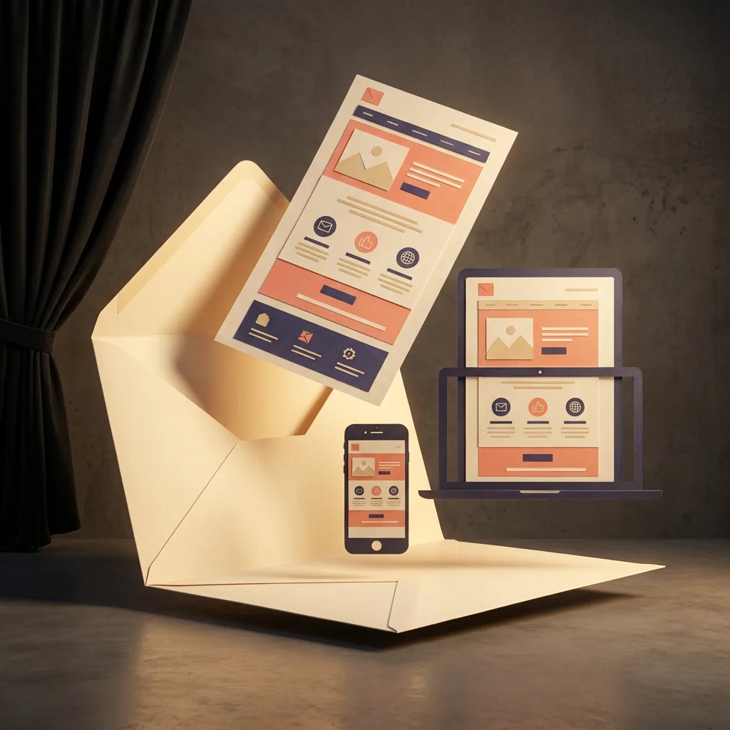 Origami envelope unfolding to reveal email layout floating above device silhouettes