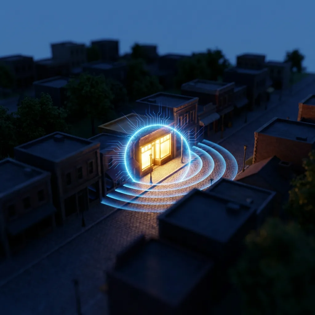 Main street diorama at dusk with one shop glowing as an AI search beacon