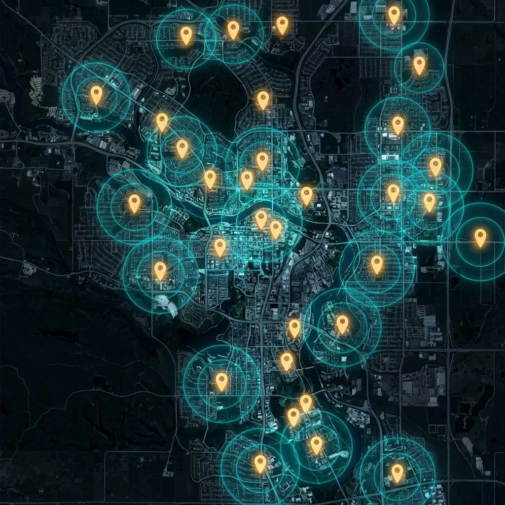Aerial Calgary map with glowing pins and local search radius rings