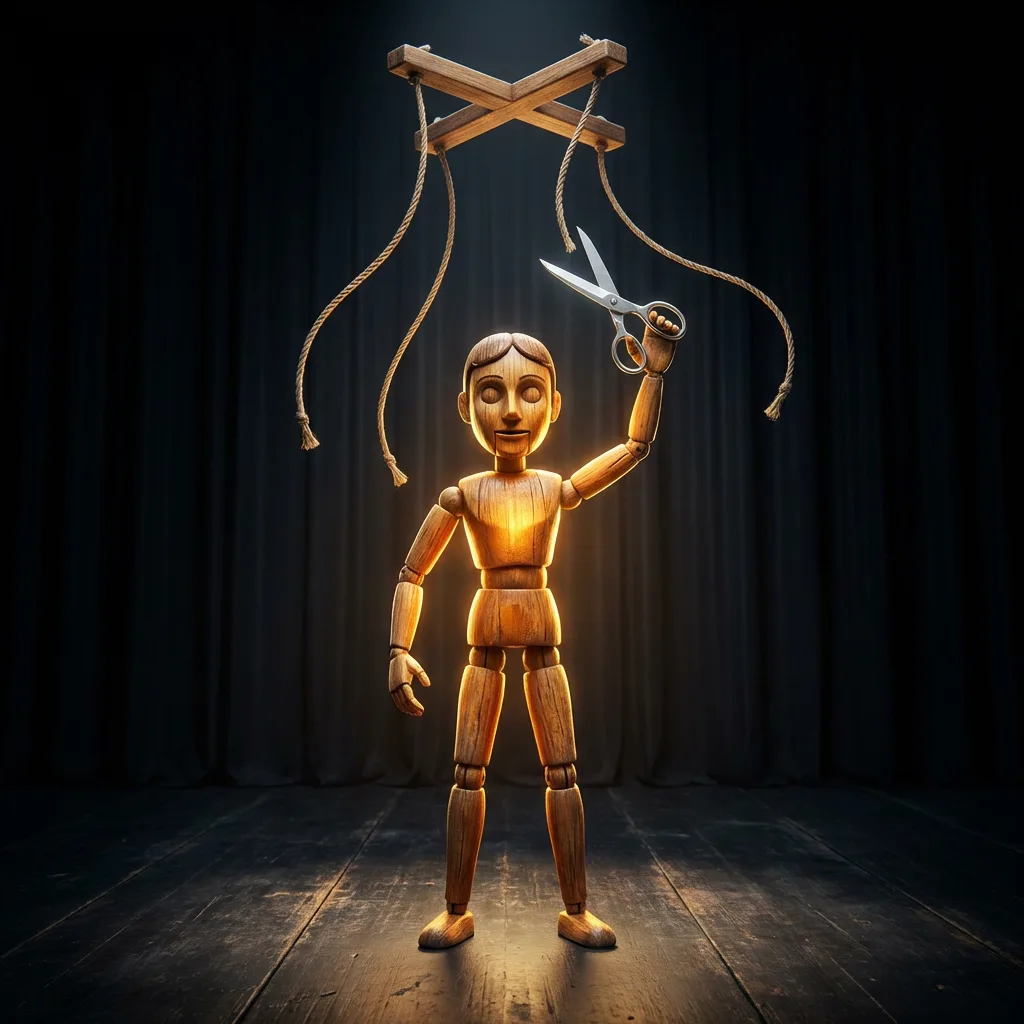 Marionette puppet standing independently with freshly cut strings above
