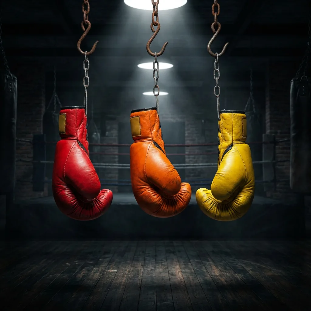 Three bold boxing gloves in red orange and yellow hanging in a dark gym