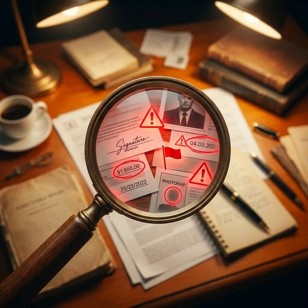 Magnifying glass over documents with red warning highlights glowing through the lens