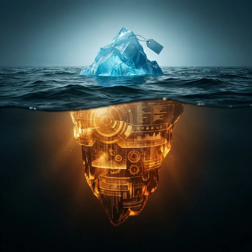 Iceberg with small price tag on the tip and massive hidden costs glowing below the waterline