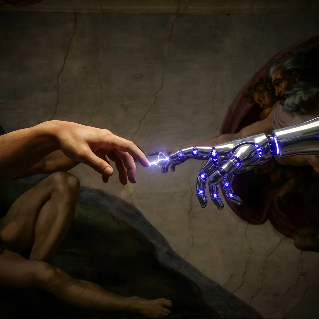 Robot and human hands reaching toward each other with indigo spark between fingertips
