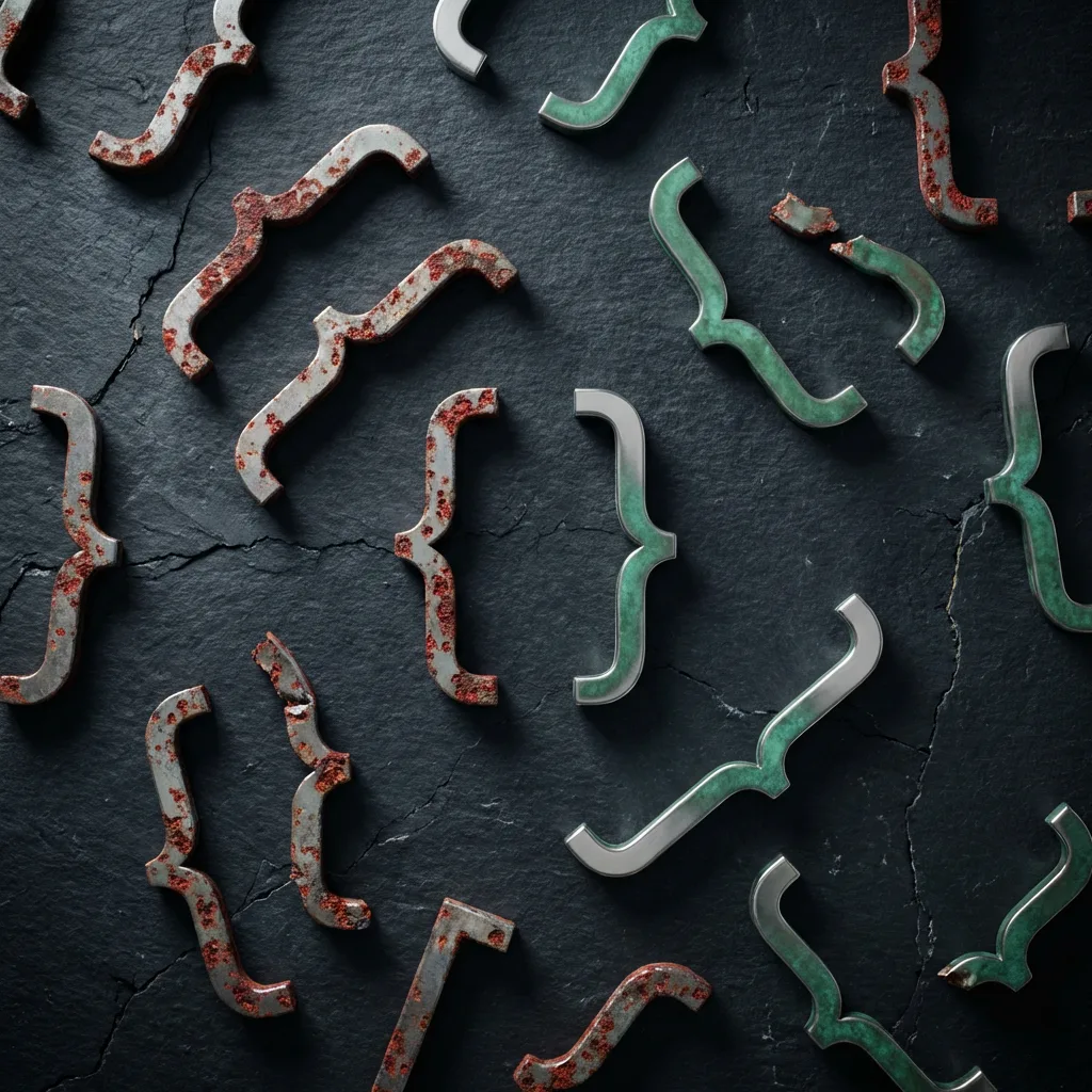Metallic JSON brackets on dark surface — some rusted and broken, others polished and correct