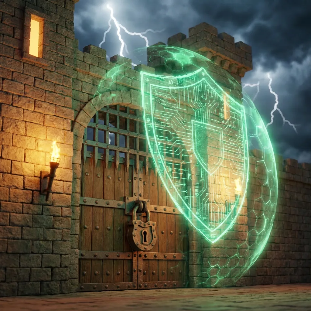 Medieval castle gate with layered security and glowing digital shield