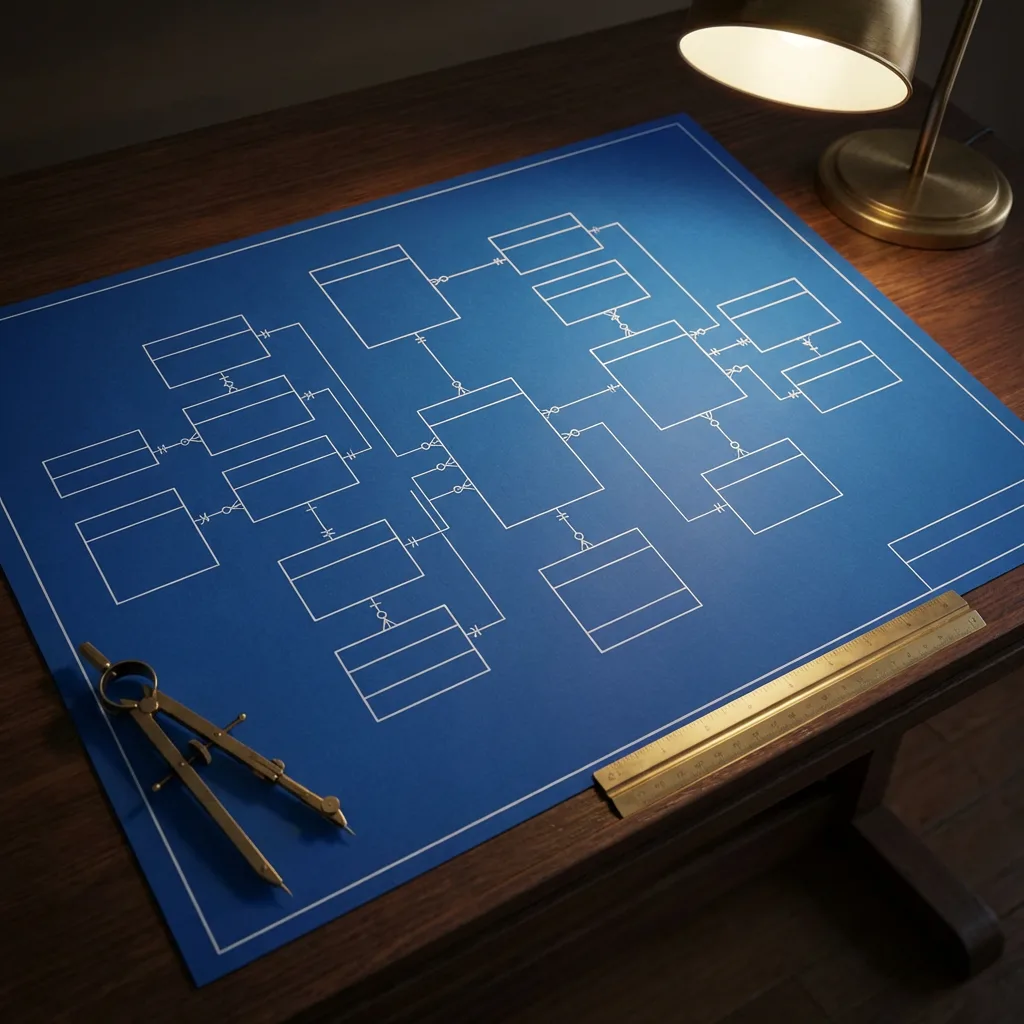 Architectural blueprint showing website data structure with brass drafting tools