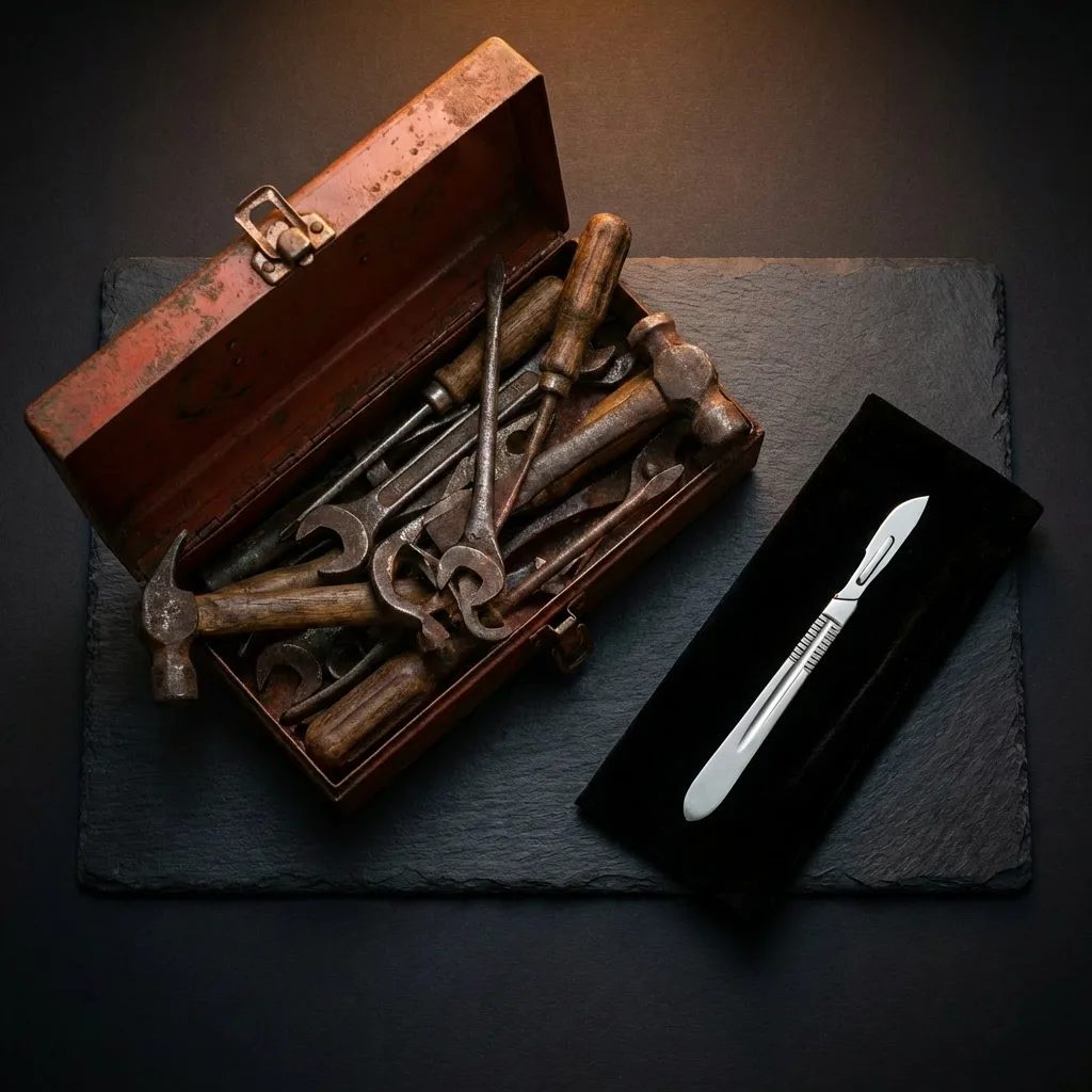 Overflowing vintage toolbox beside a single precision scalpel