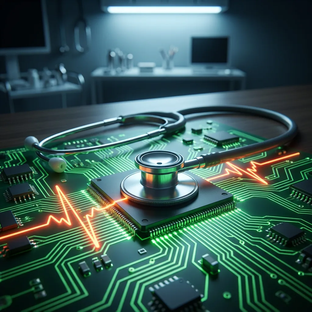 Stethoscope resting on glowing circuit board listening to processor heartbeat