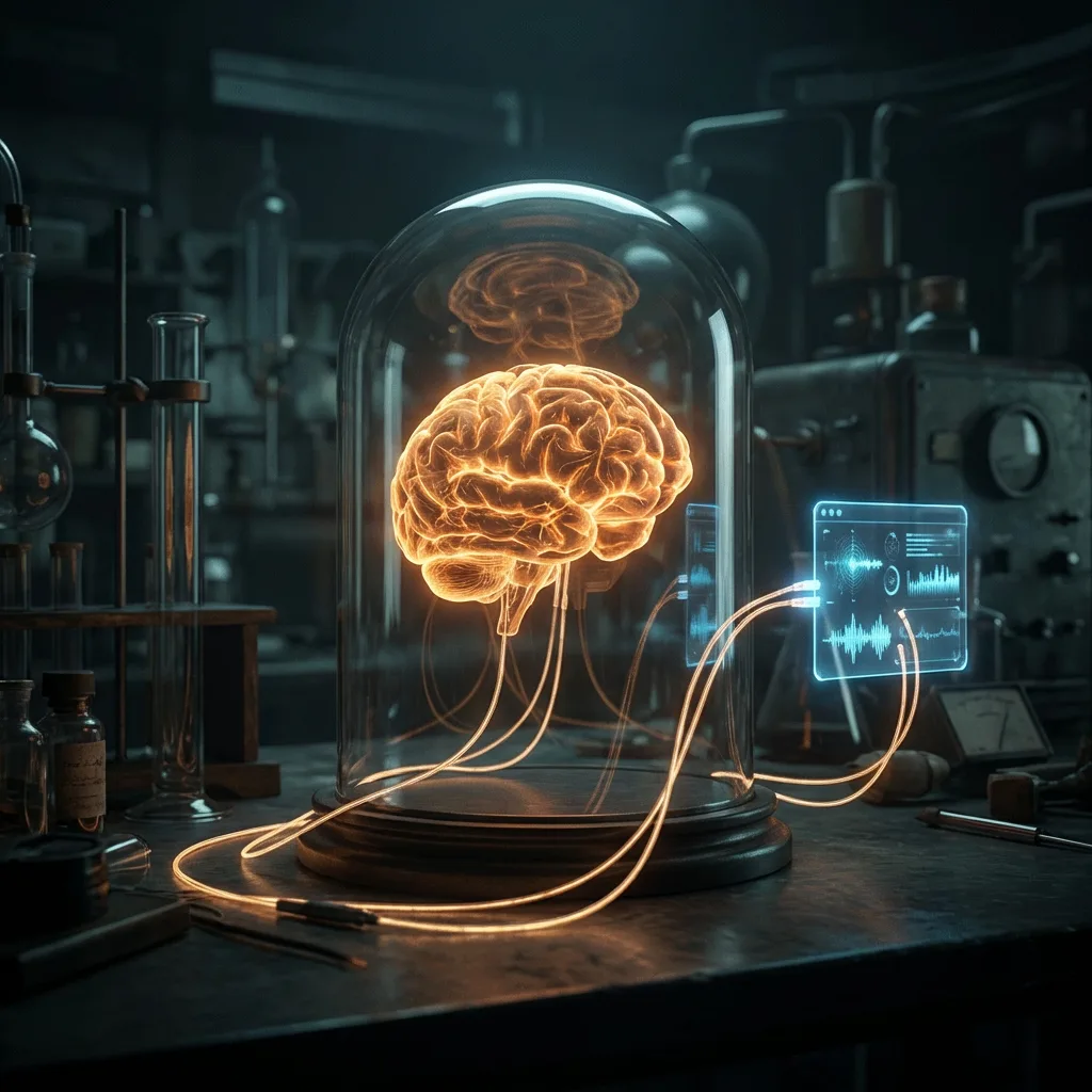 Glowing brain in glass jar connected by fibre optics to a chat interface