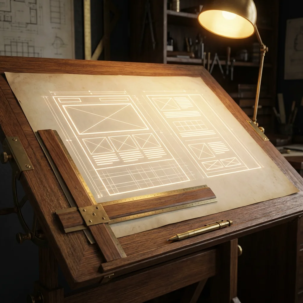Architect drafting board with precise website wireframe plans and brass tools