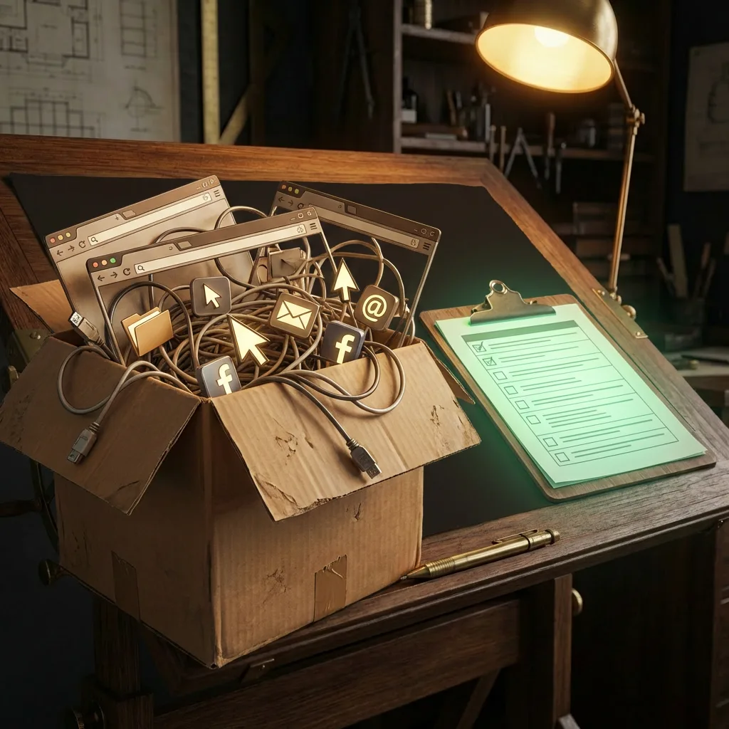 Overflowing moving box beside a neat glowing checklist clipboard