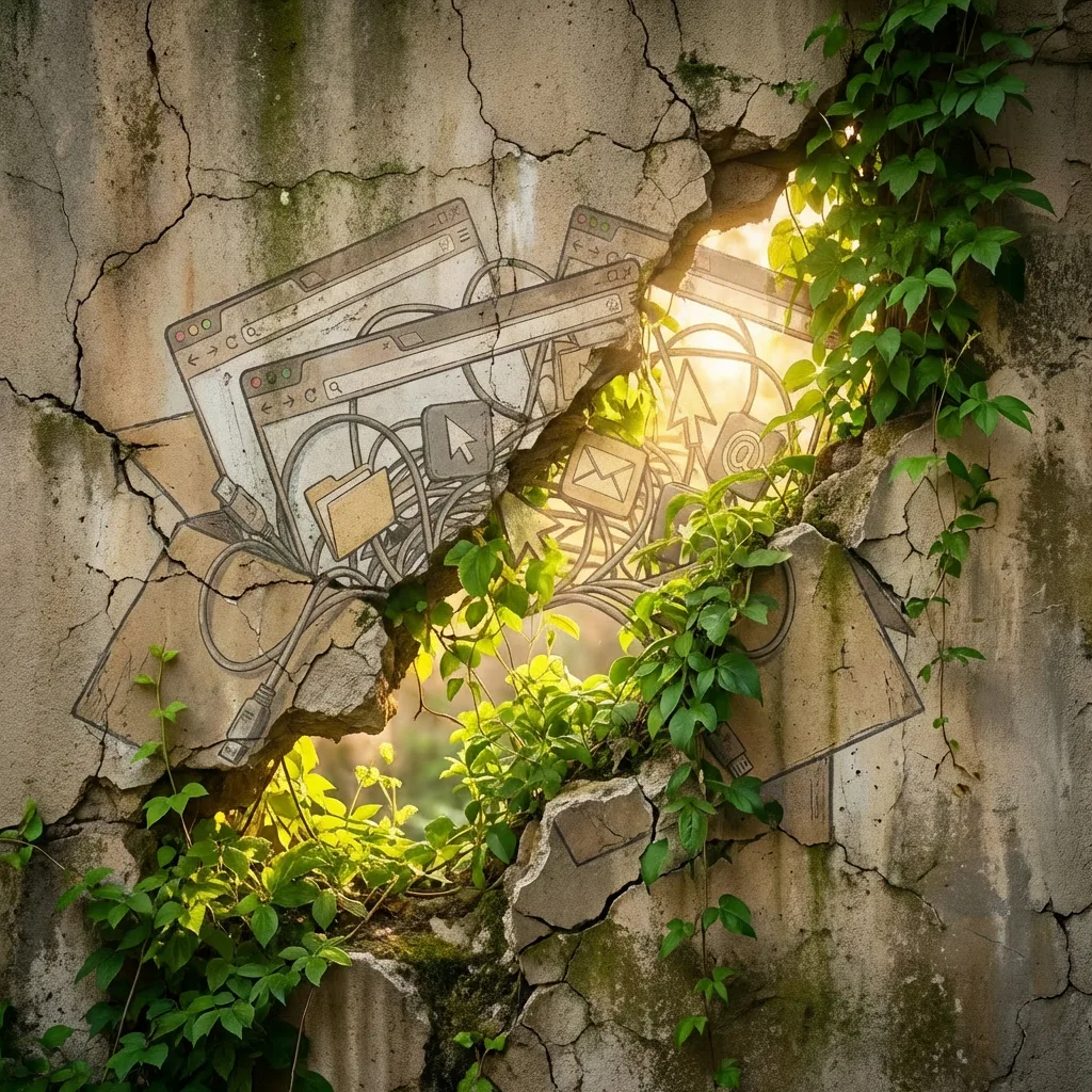 Cracked concrete wall with green vines growing through old wireframe