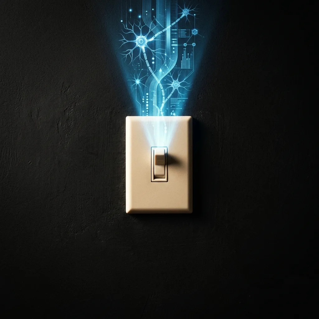 Light switch flipped on with a beam of structured data emanating upward