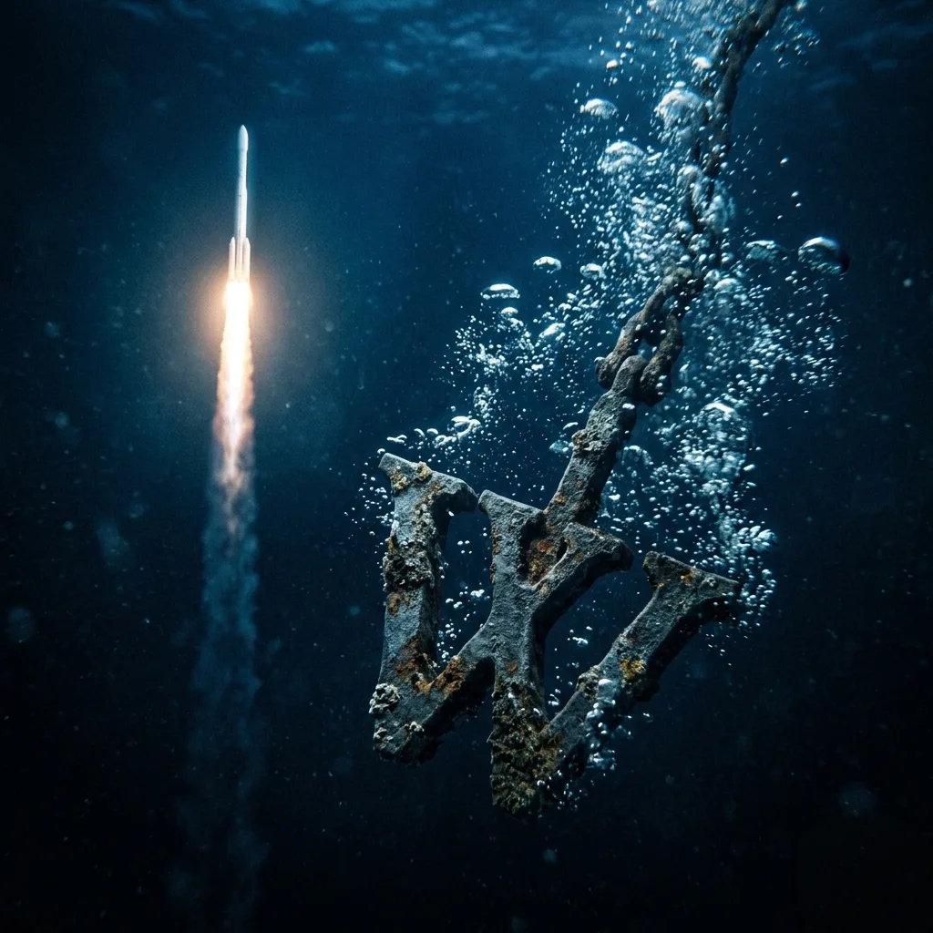 Iron W-shaped anchor sinking underwater as a rocket rises above