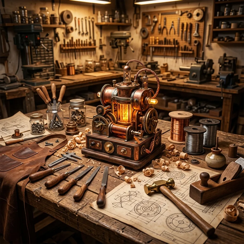 Craftsman workbench with hand-made tools and glowing custom-built machine