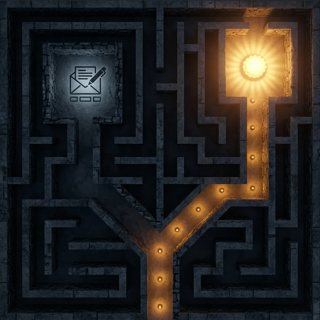 Overhead maze with two diverging paths, one dead end and one warmly lit