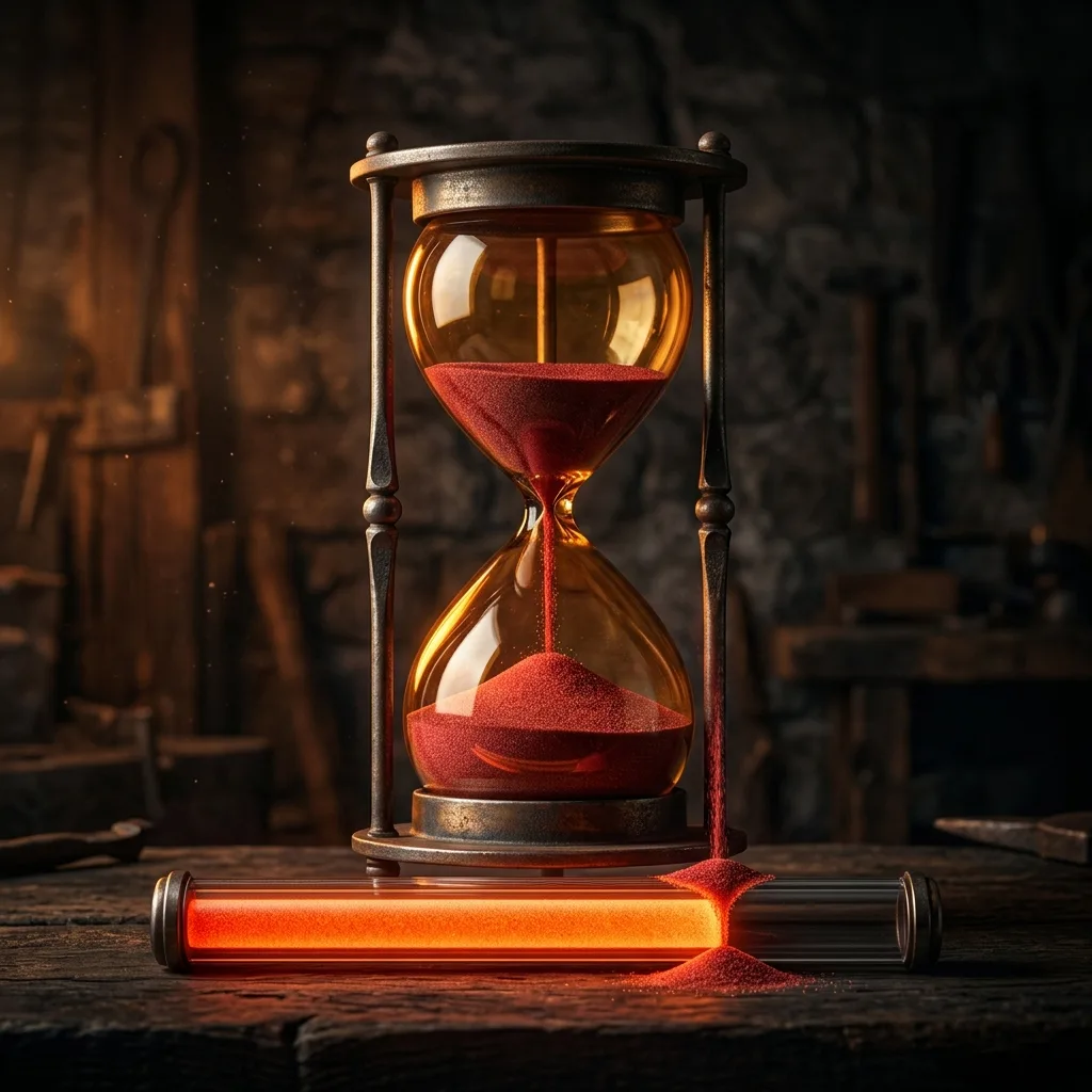 Hourglass with red sand filling a loading progress bar stuck at 90 percent
