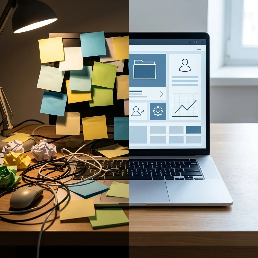 Split desk comparison — cluttered messy side versus pristine clean laptop